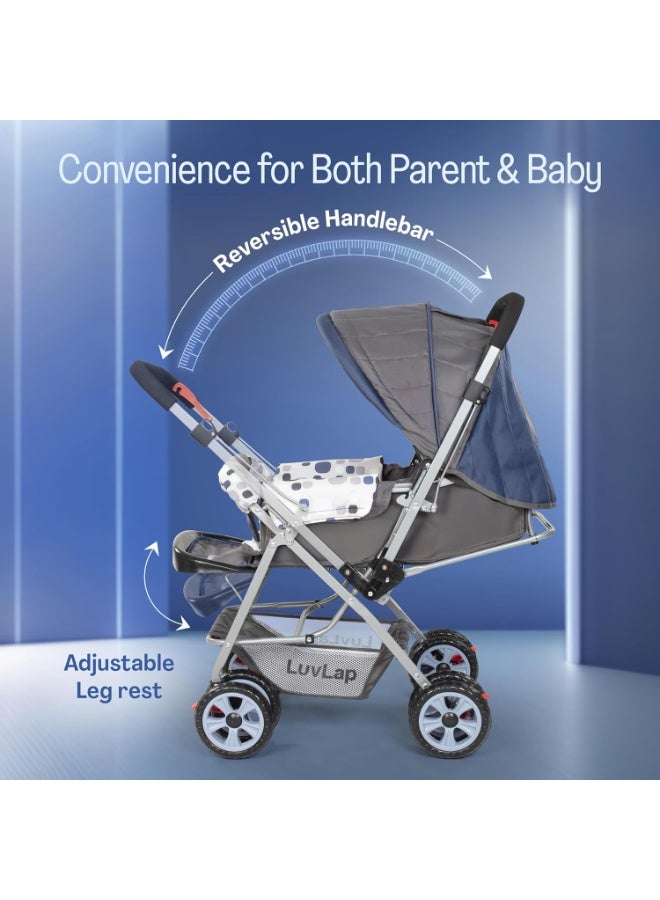 LuvLap Sunshine Baby Stroller/Pram for 0 to 3 Years, New Born/Toddler/Kid, 5 Point Safety Harness, Adjustable backrest, 360° Swivel Wheel, Large Storage Basket, Reversible Handlebar(Navy Blue) - Image 3